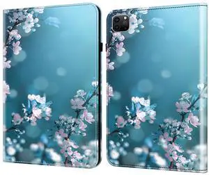 Dteck for iPad Pro 13-Inch M4 Case 2024 (A2925/A2926/A3007), PU Leather Folio Case with Stand Function, Built-in Card Holder Slots, Protective Slim Fit Lightweight Cute Cartoon Cover, White Blossom