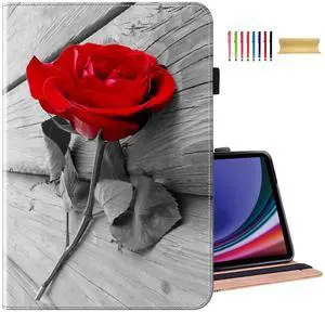 Dteck Case for  Fire HD 10 Tablet (9th/7th/5th Generation,2019/2017/2015 Release),PU Leather Stand Folio Case with Pen Holder Elastic Band Protective Auto Wake/Sleep Wallet Case,Red Rose