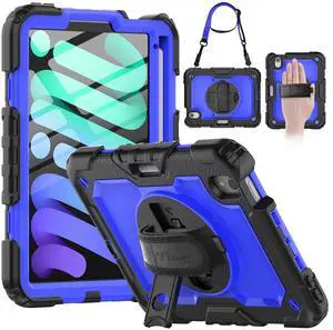 Timecity Case for iPad Mini 7 (A17 Pro) 2024/ Mini 6 2021 8.3 inch, Full-Body Drop Protection Case with Screen Protector Pencil Holder&Rotating Stand Hand Strap for iPad Mini 7th/6th Gen-Dark Blue