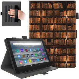 Dteck Folio Case for All-New Kindle Fire HD 10 & Fire HD 10 Plus Tablet 11th Generation 10.1" 2021 Release,Shockproof Protective PU Leather Case with Hand Strap Smart Stand Magnetic Cover,Bookshelf