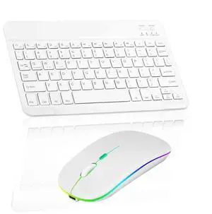 Rechargeable Bluetooth Keyboard and Mouse Combo Ultra Slim for Fire HD 10 Tablet and All Bluetooth Enabled Android/PC-Pure White Keyboard with Pure White RGB LED Mouse