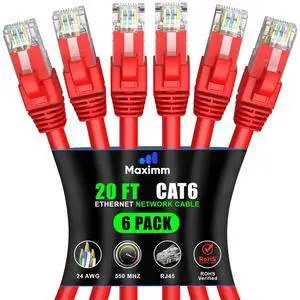 Maximm Cat 6 Ethernet Cable 20 ft (6-Pack) - High-Speed LAN Cable, Internet Cable, Patch Cable, and Network Cable - UTP, 10Gbps, 550MHz Ethernet Cord - Red