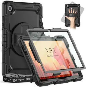 Timecity Case for Galaxy Tab A7 10.4 Inch 2020, SM-T500/ T505/ T507/ 2022 SM-T503/509, Durable Sturdy Case with Screen Protector Swivel Stand Hand Shoulder Strap Full-Body Drop-Proof - Black