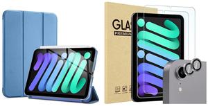 ProCase Smart Case for iPad Mini 6 8.3 Inch 2021(Blue) Bundle with 2 Pack Screen Protector + 2 Pack Camera Lens Protector Matching iPad Colors(Gray)