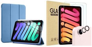 ProCase Smart Case for iPad Mini 6 8.3 Inch 2021(Blue) Bundle with 2 Pack Screen Protector + 2 Pack Camera Lens Protector Matching iPad Colors(Pink)