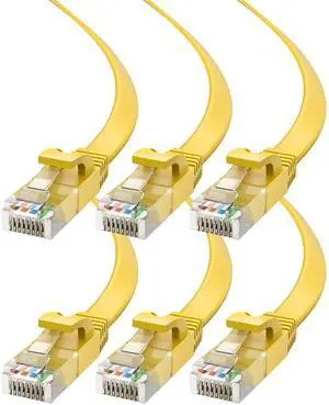 Cat6 Ethernet Cable 12ft, 6-Pack Yellow - Flat High-Speed Network Cables for Gaming, Streaming, Router, Modem, PC, PS5, Xbox - Durable & Space-Saving Design