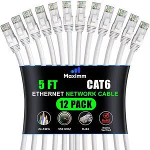 Maximm Cat 6 Ethernet Cable 5 Ft, (12-Pack) Cat6 Cable, LAN Cable, Internet Cable, Patch Cable and Network Cable - UTP (White) 5 Feet ethernet Cord
