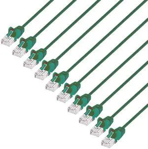 Intellinet Slim Cat6 Ethernet Network Patch Cable - 10-Pack - 10Gbps & 250MHz, Snagless Boot, 30AWG Pure Bare Copper Wire, Gold-Plated Contacts, Lifetime Mfg Warranty - 7ft, 10 Pack, Green