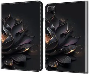 Dteck for iPad Pro 13-Inch M4 Case 2024 (A2925/A2926/A3007), PU Leather Folio Case with Stand Function, Built-in Card Holder Slots, Protective Slim Lightweight Cute Cartoon Flip Cover, Black Flower