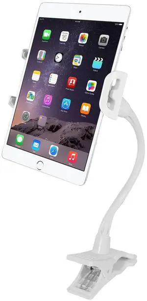 Macally Clip On Tablet Holder | Gooseneck iPad Holder for Bed, Stroller, Airplane, Desk (Universal Tablet Compatibility) Strong and Secure iPad Arm Mount, Tablet Clamp Mount, Kindle Holder