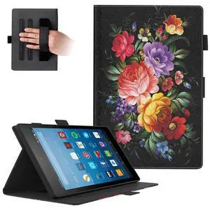 Dteck for Fire HD 8 (8th/7th/6th Generation) Smart Folio Case 2018/2017/2016 Release (8") with Auto Sleep Wake/Stand/Adjustable Viewing Angle/Stylus, PU Leather Protective Slim Cover, Flowers Black