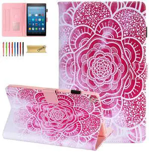 Dteck for Fire HD 8 (8th/7th/6th Generation) Smart Folio Case 2018/2017/2016 Release (8") with Auto Sleep Wake/Stand/Card Slots/Stylus, PU Leather Protective Cute Slim Magnetic Cover, Pink Mandala