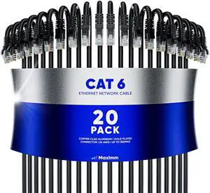 Maximm Cat 6 Ethernet Cable 1.5 ft (20-Pack) - High-Speed LAN Cable, Internet Cable, Patch Cable, and Network Cable - UTP, 10Gbps, 550MHz Ethernet Cord - Black