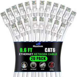 Maximm Cat 6 Ethernet Cable 0.6 ft (20-Pack) - High-Speed LAN Cable, Internet Cable, Patch Cable, and Network Cable - UTP, 10Gbps, 550MHz Ethernet Cord - White