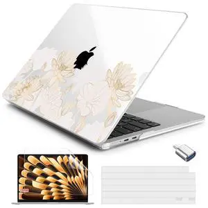 Batianda for New MacBook Air 13.6 inch Case 2025 M4 2024 2022 Release Model A3240 A3113 M3 A2681 M2, Designed Protective Hardshell Keyboard Cover and USB-C OTG Adapter, Gold Lotus