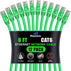 Maximm Cat 6 Ethernet Cable - 6 ft (12-Pack), High-Speed LAN, Internet, Patch, and Network Cable - UTP, 10Gbps, 550MHz - Green