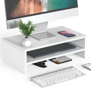 FITUEYES Monitor Stand - 2 Tier Computer Monitor Riser with 16.7 Inch Shelf, Wood Desktop Stand for Laptop Computer Screen, Desk Organization, Office Supplies