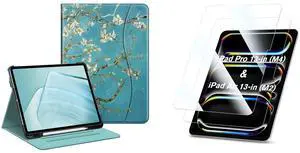 Fintie Bundle: Fintie Folio Case for iPad Air 13-inch (M2) 2024, Multi-Angle Viewing Protective Stand Cover with Pencil Holder & Pocket + [2-Pack] Tempered Glass Screen Protector