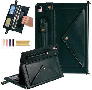 Dteck iPad 9th/8th/7th Generation Case 10.2" With Pencil Holder, Premium PU Leather Business Folio Stand Smart Cover, Shoulder/Hand Strap, Card Slots, Wallet [Auto Wake/Sleep] - Darkgreen