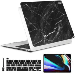 Batianda Designed Case for New MacBook Pro 13-inch M2 2022 Release Model A2338 Upgrade Hard Ultra Thin Protective Shell Anti-Dirty with Keyboard Cover & Screen Protector, Black Marble