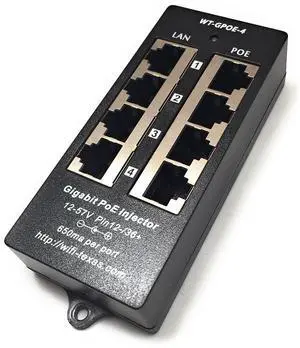 PoE Texas 4 Port PoE Injector - Gigabit Passive Power Over Ethernet - 802.3af or at Compatible PoE Injector for VoiP Phones, WiFi Access Points, IP Cameras - 4 Ports of Data + Power Out