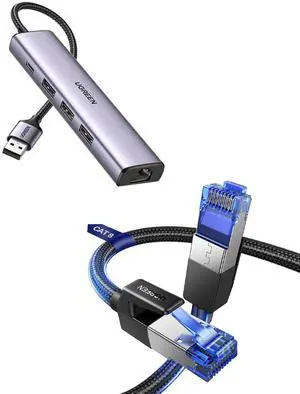 UGREEN Cat 8 Ethernet Cable 6FT High Speed Braided 40Gbps 2000Mhz Network Cord Bundle with USB to Ethernet Adapter 5 in 1 Multiport Hub