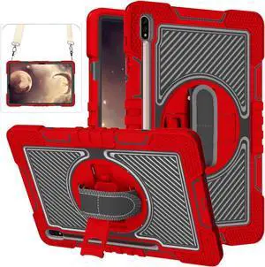 Galaxy Tab S8 Plus/S7 FE 5G/S7 Plus Case for Kids - 360 Rotating Kickstand, Handle Strap, Rugged Protective With Pen Holder for Samsung Tablet 12.4 Inch - Red+Black