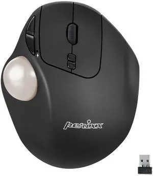Perixx PERIMICE-717WHB Wireless Trackball Mouse, Build-in 1.34 Inch Glossy Trackball with Pointing Feature - 5 Programmable Buttons - Black Body - White Ball