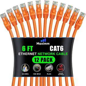 Maximm Cat 6 Ethernet Cable - 6 ft (12-Pack) - High-Speed LAN, Internet, Patch, and Network Cable - UTP, 10Gbps, 550MHz Ethernet Cord - Orange