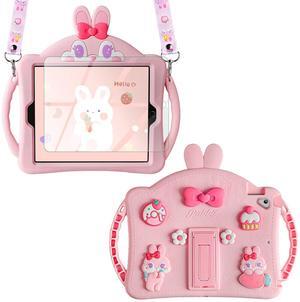 WESADN for iPad 5 6th Generation Case iPad Pro 9.7 for Kids Girls with Screen Protector Shoulder Strap Kickstand Cute Dolls Rabbit Silicone Full Body Protective Tablet Cover for iPad Air 2/1 Pink