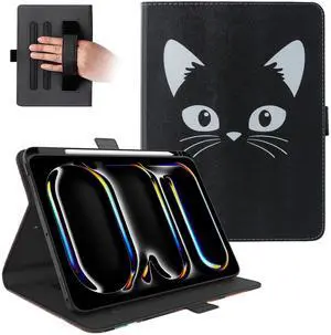 Dteck for iPad Pro 11 inch M4 Smart Folio Case 2024 with Pencil Holder/Hand Strap, Auto Sleep Wake, Adjustable Stand, Magnetic Closure, Slim PU Leather Protective Cute Cover with Stylus, Black Cat