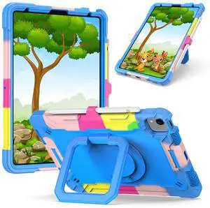 Dteck for iPad Air 5 Case 2022/iPad Air 4 10.9 Case 2020/iPad Pro 11 Inch Case, Heavy Duty Shockproof Stand Anti Scratch Kids Cover Drop-Proof Protection with Hand Shoulder Strap Case,Rainbow & Blue