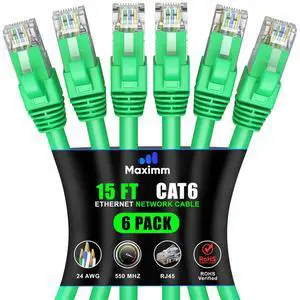 Maximm Cat 6 Ethernet Cable 15 ft (6-Pack) - High-Speed LAN Cable, Internet Cable, Patch Cable, and Network Cable - UTP, 10Gbps, 550MHz Ethernet Cord - Green