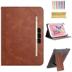 Dteck Universal Tablet Case for iPad/Samsung/Lenovo/Android 15/14/13/12/11 Tablet (9.6/9.7/10/10.1/10.2/10.36/10.4/10.5 Inch), PU Leather Solid Folio Case with Kickstand/Hand Strap/Pocket/Slots, Brown