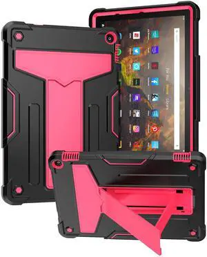 Dteck Case for Fire HD 10/HD 10 Plus Tablet (2021 Release, 11th Generation) - Kids Friendly Shockproof EVA Case Convertible Stand Full Body Rugged Protective Cover, Black+Rose