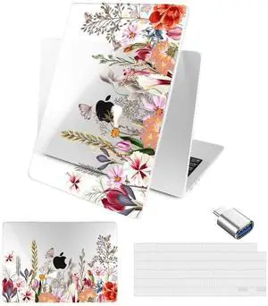 Batianda Compatible with New MacBook Air 13 inch Case 2025 2024 2022 M4/M3/M2 Chip Model A3240/A3113/A2681, Plastic Clear Hardshell Keyboard Cover & USB-C OTG Adapter, Flowers and Butterflies