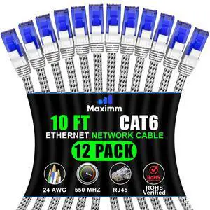 Maximm Cat 6 Ethernet Cable 10 ft, Braided Network Cable Cat6 with RJ45 connectors, Gigabit LAN Cable 1000 Mbps High-Speed Internet, White (12 Packs)