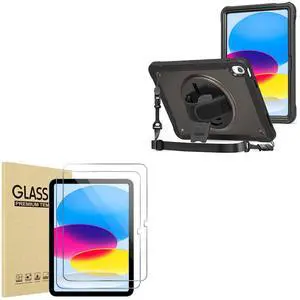 2 Pack Screen Protector for iPad 10.9 10th Generation 2022 A2696/A2757/A2777 Bundle with Rugged Case for iPad 10th Generation 10.9 Inch 2022