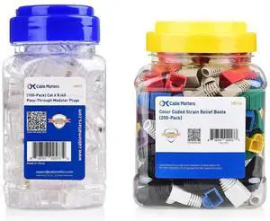 Cable Matters 100-Pack Cat 6 Pass Through RJ45 Connectors/Modular Plugs & 8-Color 200-Pack RJ45 Strain Relief Boots