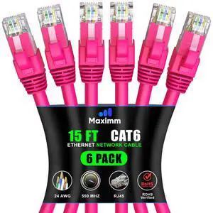 Maximm Cat 6 Ethernet Cable 15 ft (6-Pack) - High-Speed LAN Cable, Internet Cable, Patch Cable, and Network Cable - UTP, 10Gbps, 550MHz Ethernet Cord - Pink