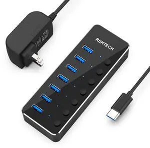 Powered USB Hub RSHTECH Type C to 7 Port USB 3.0 Data Port Hub Expander Aluminum Portable Splitter with Universal 5V AC Adapter and Individual On/Off Switches for Laptop and PC(Black)