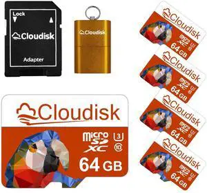 Cloudisk Pack of 5 Parrot-Prime Micro SD Card 64GB Flash Memory Card Micro SDXC C10 A2 U3 with SD Adapter, Card Reader (64GB)