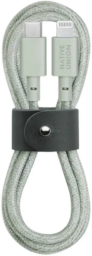 Native Union Belt Cable USB-C to Lightning - 4ft Ultra-Strong Reinforced Charging Cable with Leather Strap [MFi Certified] Compatible with iPhone 14, iPhone 13 and Earlier (Sage)