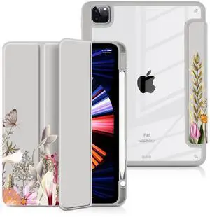 Batianda Hybrid Case for iPad Pro 12.9-inch 2022 M2 2021 5th / iPad Pro 12.9" 4th/3rd Gen [Built-in Pencil Holder] Shockproof Cover with Clear Back Shell TPU Bumper, Flowers