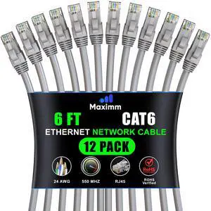 Maximm Cat 6 Ethernet Cable - 6 ft (12-Pack) - High-Speed LAN, Internet, Patch, and Network Cable - UTP, 10Gbps, 550MHz Ethernet Cord - Gray
