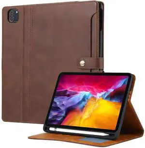 Dteck for iPad Pro 12.9 Case 2022 2021 2020 2018,iPad Air 13 Case with Pencil Holder and Pocket, Premium PU Leather Folio Flip Stand Cover Shockproof Protective Auto Sleep/Wake Wallet Case,Coffee