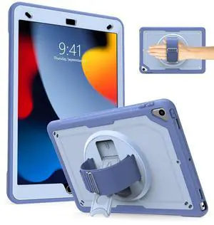 Ambison Case for iPad 9th/8th/7th Generation 10.2'',Full-Body Protective Rugged iPad 10.2 inch Case-360deg Rotating Sturdy Stand, Adjustable Handle Strap,Pencil Holder,Blue