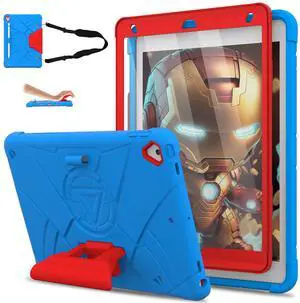 Andnary Case for iPad 10.2 inch 9th/8th/7th Generation, Heavy Shockproof Cover with 180deg Rotating Handle/Screen Protector/Bracket/Pen Holder/Shoulder Strap, Kid Case for 2021/2020/2019,Blue+Red