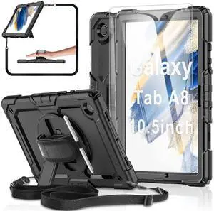 BASE MALL Case for Samsung Galaxy Tab A8 10.5-inch Tablet Case 2022 [with Tempered Glass Screen Protector], 360° Rotatable Kickstand/Hand & Shoulder Strap/S Pen Holder (Black)