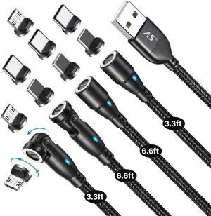 A.S Magnetic Charging Cable[4PACK, 3.3/3.3/6.6/6.6ft]-3 in 1 Magnetic Phone Charger Data Transfer Cord-Magnet USB C Charging Cable-Magnet Charger Cable for Micro USB/TypeC/i-Product Nylon Braided
